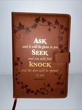 Chestnut Brown Gold Tone Bible Verse Faux Leather Bound Padded Cover Journal